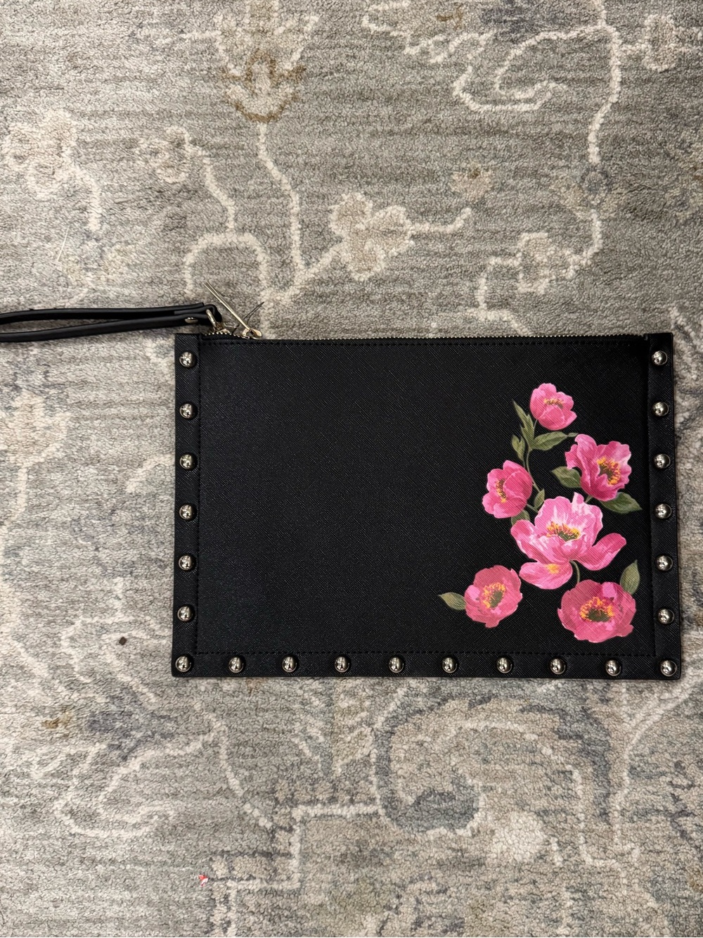 White House Black Market Black Studded Wristlet with Pink Floral Print